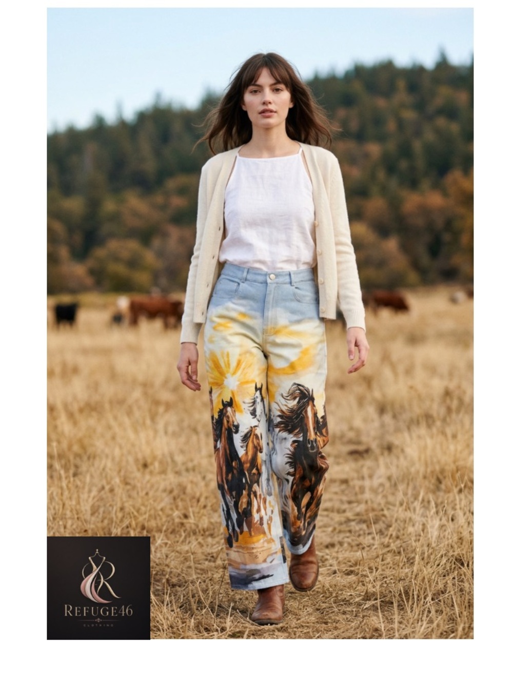 NWT Western Flare Wide-Leg Jeans Yellow Sun Brown Horse Painted Print